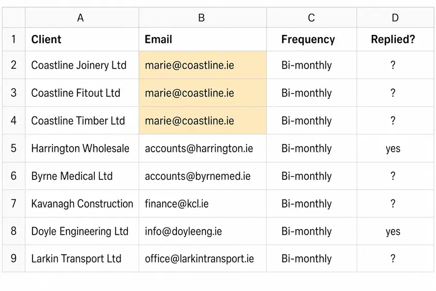 A client spreadsheet listing eight companies with their email addresses and filing frequency. Three separate Coastline companies share the single address marie@coastline.ie, highlighted as duplicates. The reply column is mostly question marks.